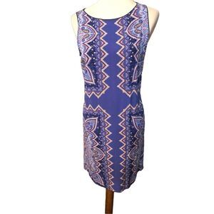 J Jill Dress A-Line Rayon Blue Red Bold Paisley and  Geometric Print Size SP